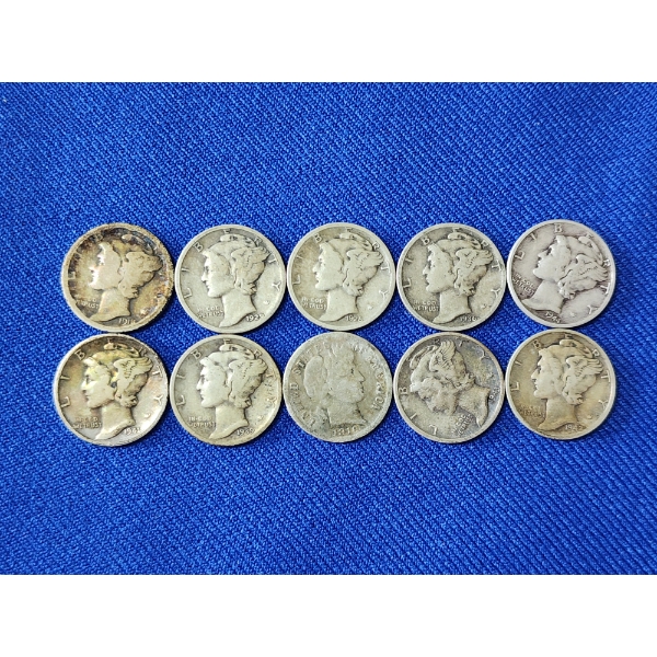 Lot of 10 Assorted Years Silver Mercury/Barber Dimes - 90% U.S. Silver - Face Value $1.00