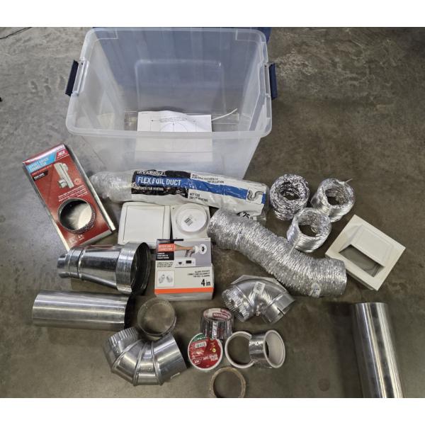 Large Tote With All New Dryer Ducting Supplies Including Tin, Metal Tape, Hoses & More