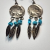 Image 2 : Buffalo Nickel, Sterling Silver Feather, & Turquoise Dangle Earrings - Total Weight: 14.1g