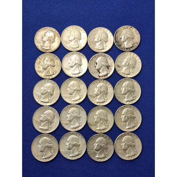 Lot of 20 Assorted Years 90% Silver Washington Quarters - Face Value: $5.00