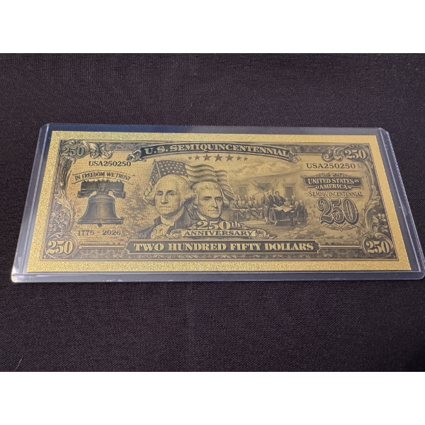 INCREDIBLE .999 Fine GOLD FOIL U.S. 250TH ANNIVERSARY NOTE IN PROTECTIVE HOLDER - MINT CONDITION