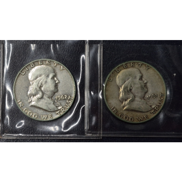 2 Pcs 90% Silver Silver Halves - Franklin - See Pictures