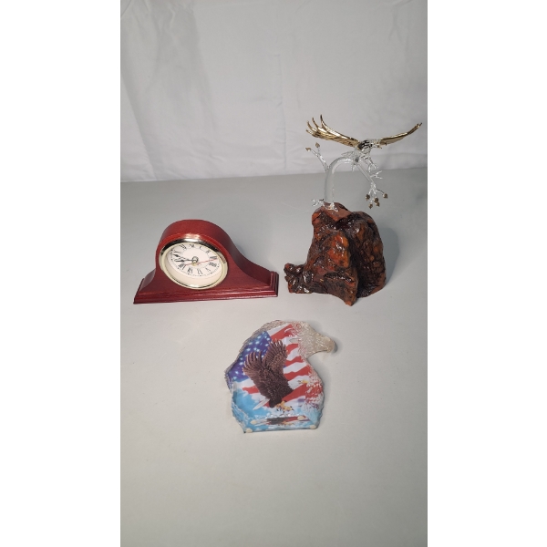 Small Quartz Mantle Clock, Eagle Paper Weight & Blown Glass Eagle Figurine 