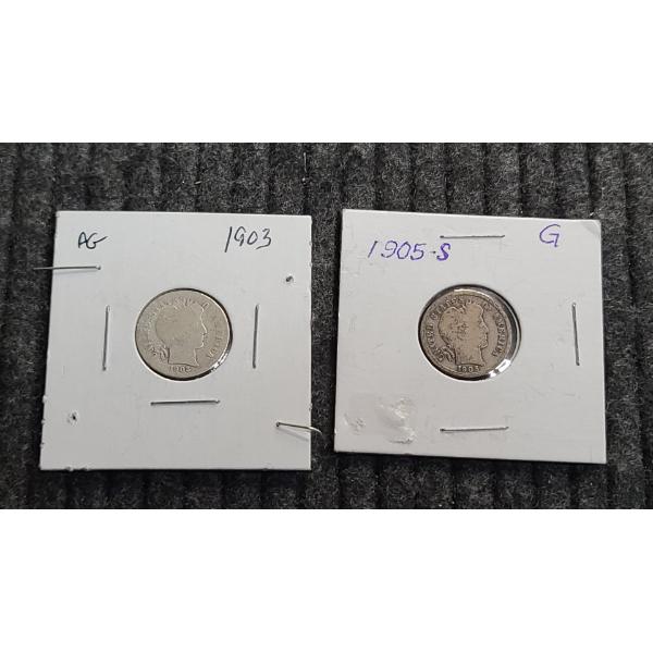 1903 & 1905-S Barber 90% Silver Dimes