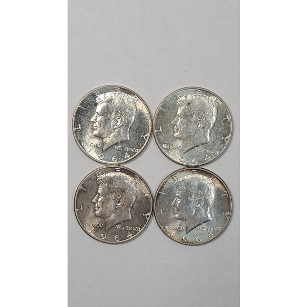 (4) United States 1964 90% Silver Kennedy Half Dollar - Face Value: $2.00