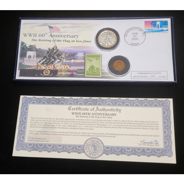 WWII 60th Anniversary Commemorative Coin and Stamp Set Including 1945 Silver Half Dollar