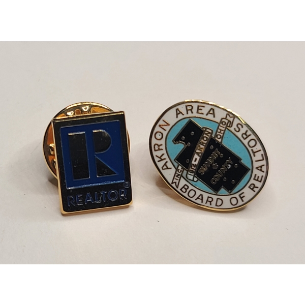 (2) Vintage Gold-Tone Realtor Lapel Pins Featuring Akron, Ohio Area Board Of Realtors Pin