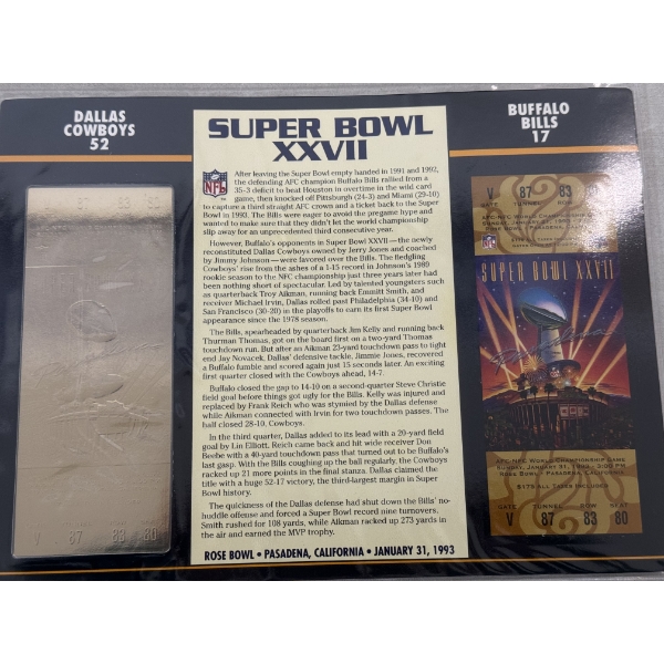 Authentic 1993 Super Bowl XXVII NFL Football Ticket & 24K Gold Plated Ticket - Mint Condition