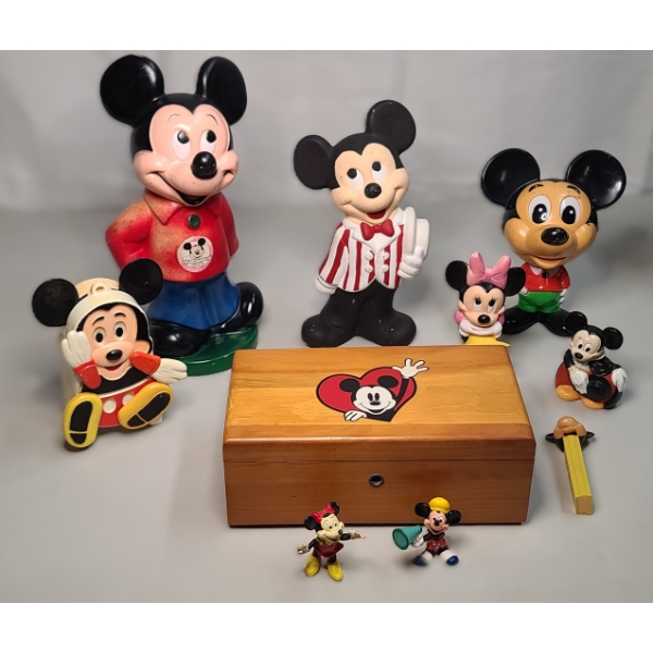 Assortment Of Vintage Mickey/Minnie Mouse Collectibles Featuring Peek-A-Boo Wind Up Toy