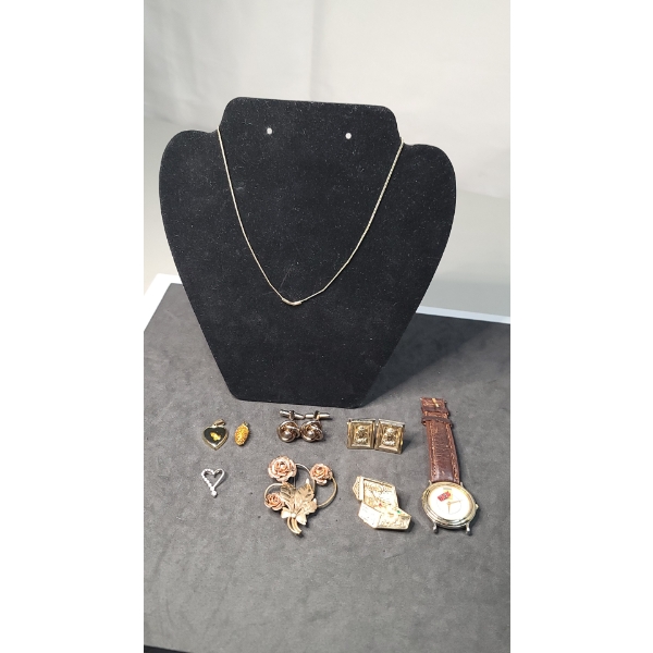 Gold Filled Rose Brooch, Sterling Heart Pendant & Other Assorted Costume Jewelry 
