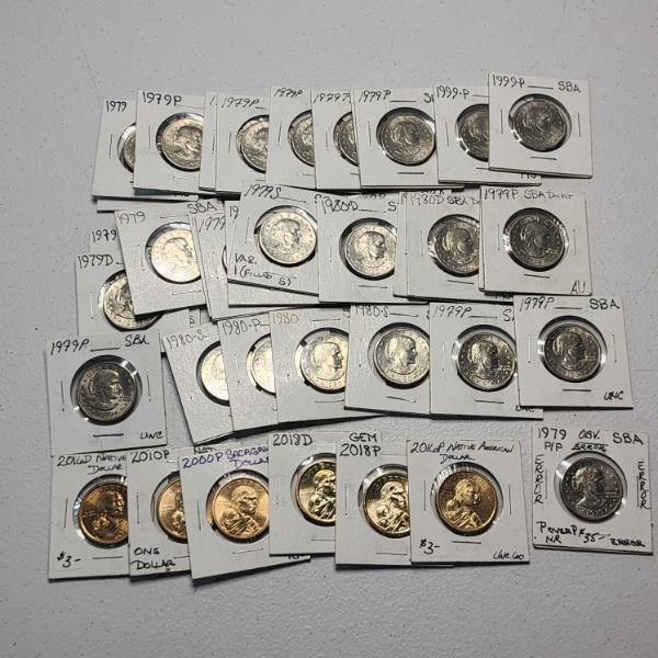 Lot of 38 Assorted U.S. Sacagawea & Susan B. Anthony Dollars: Including P/P Error SBA - Face Value: 
