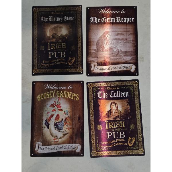 Four Brand New Tin 12''x9'' Decorative Welcome Signs Including Irish Pub, Grim Reaper & More!