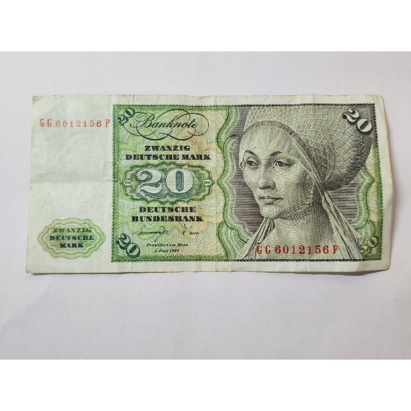 German 20 Deutsche Mark Banknote Foreign Currency Vintage West Germany Note