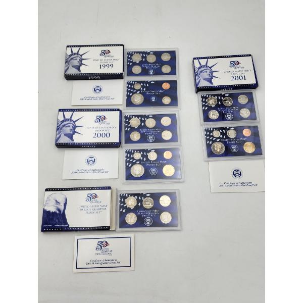 (4) U.S. Mint Proof Sets: 1999, 2000, 2001 50 State Quarters Set, 2001