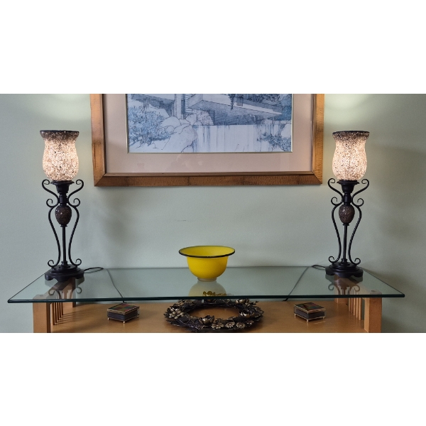 PICKUP IN NORTHFIELD - Pair Of Art Deco Metal & Glass Table Lamps - 26" Tall  - See Pics