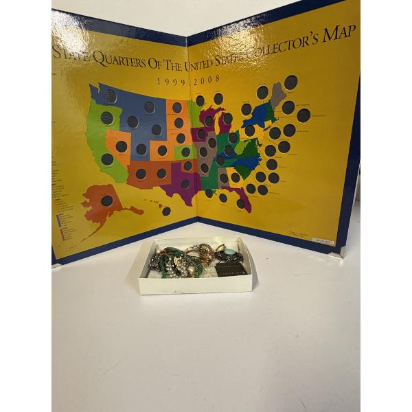 Assorted Costume Jewelry - Earrings - Necklaces - Etc. - Quarter Collector's Map *EMPTY* 