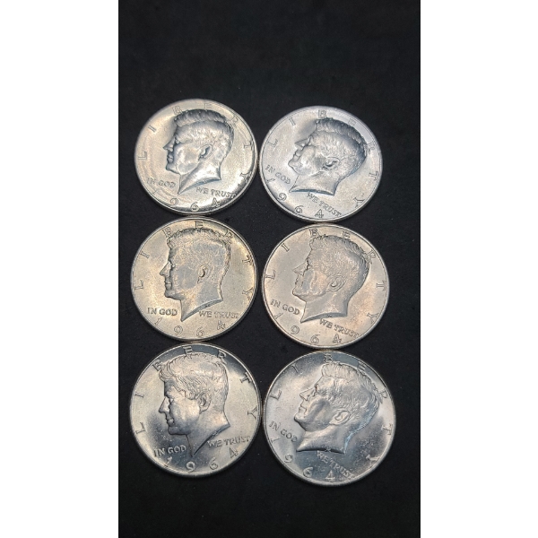 (6) 1964 90% Silver Kennedy Half Dollars - Face Value: $3.00