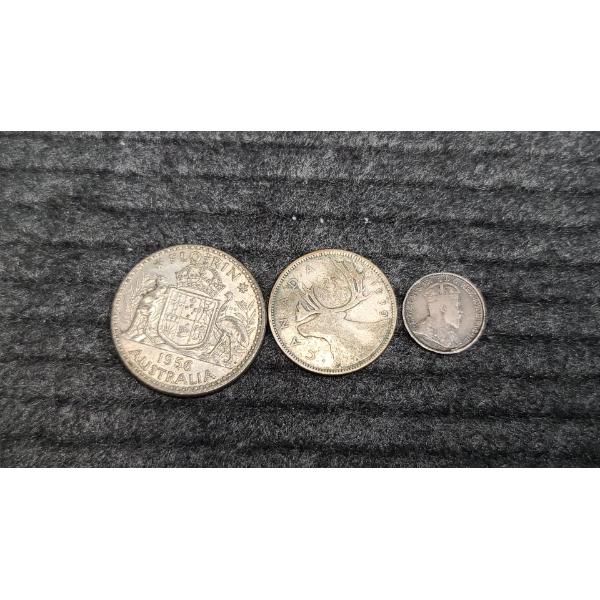 Lot Of (3) Foreign Silver Coins Canadian Quarter,  Canadian 5 Cents & Australian Florin