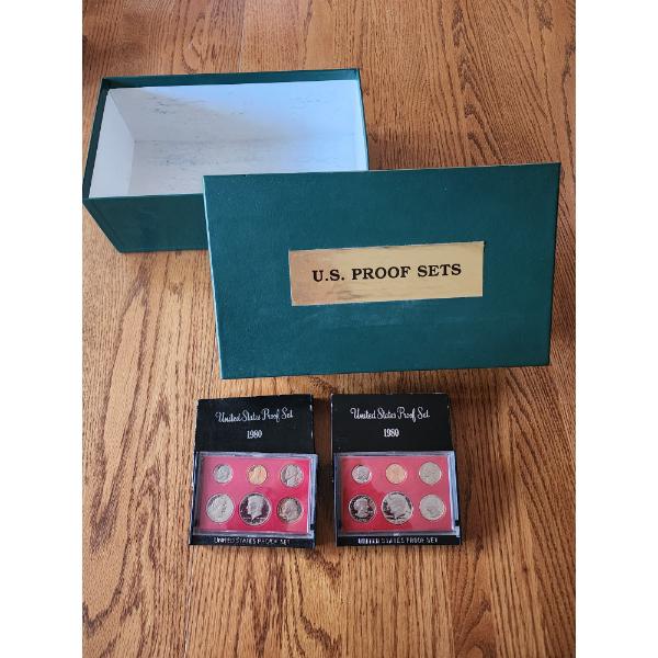 (2) 1980 United States Proof Sets in Display Holders and Heavy-Duty Cardboard Coin Storage Box 