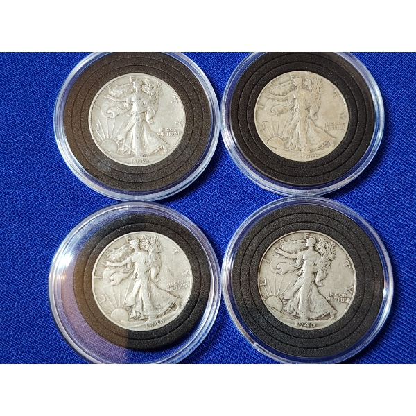 x4 Assorted Years 90% Silver Walking Liberty Half Dollars in Capsules FV: $2.00