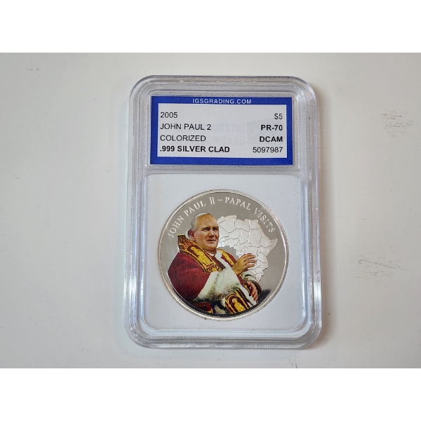 IGS GRADED PR70 DCAM Colorized 2005 John Paul 2 .999 Silver Clad Coin