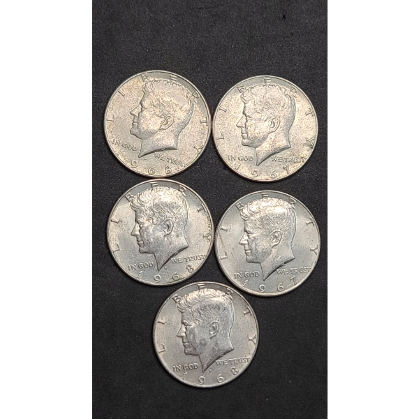 (5) 1967/1968 40% Silver Kennedy Half Dollars - Face Value: $2.50