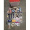 Image 1 : Storage Tote With Mostly New Items Including, Tape Measures, Cub Cadet Blade, Shark Bites, Concrete 