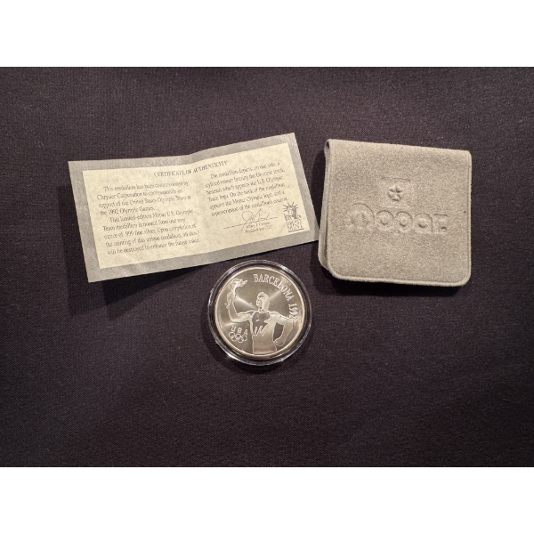 1992 Barcelona Olympics Mopar Coin 1 Troy Oz .999 Fine Silver In Holder - Harder To Find