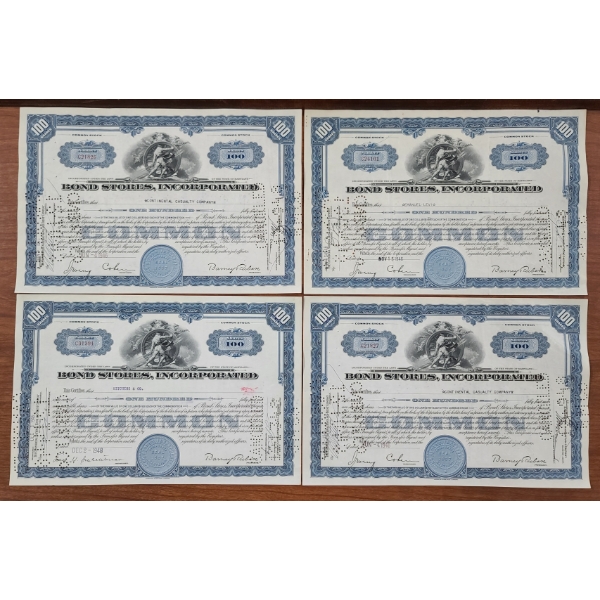 Lot of Four 1940's Bond Stores, Incorporated 100 Shares Stock Certificates 