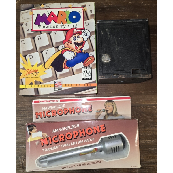 Mixed Lot incl Mario Teaches Typing, AM Wireless Microphone and Vintage Camera Casing