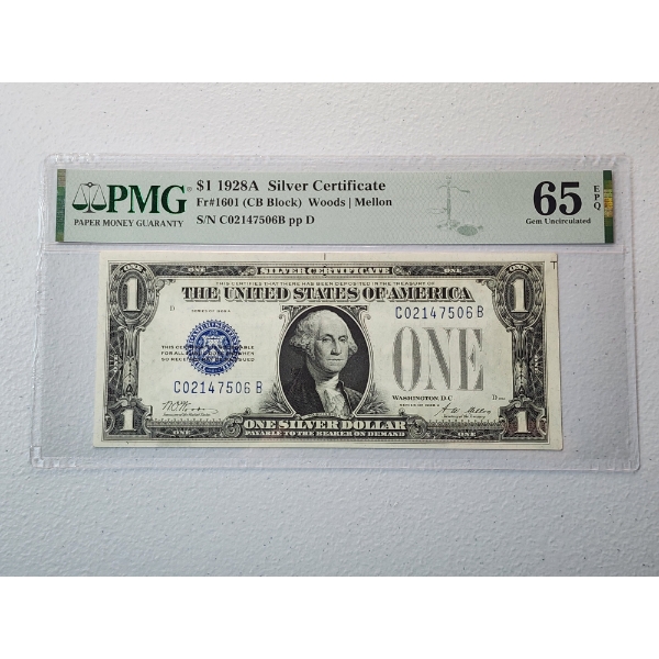 1928-A $1 Silver Certificate Funnyback Graded by PMG Gem Uncirculated 65 EPQ 