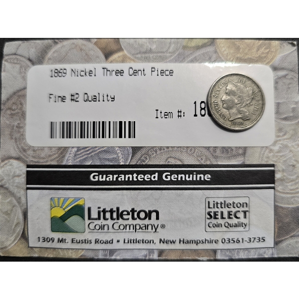 Littleton 1869 Nickel 3 Cent Piece Fine #2 Quality