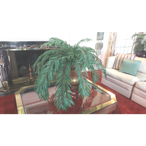 3 Pcs - Plant - Brass Bucket & Rosewood Stand - Palm Tree Overall 53" Tall
