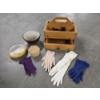 Image 1 : Unique 13''x7'' Wood Caddy With Drawer, Ladies Vintage Gloves, Small Basket & Two 8'' Bowls