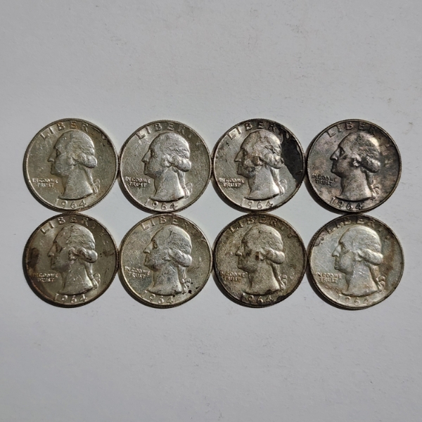 Eight Assorted 1964 United States Washington 90% Silver Quarters ~ $2.00 Face Value