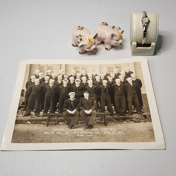 Vintage Lot: Pig Salt & Pepper Shakers, Silver-Tone Watch, Naval Training Photo