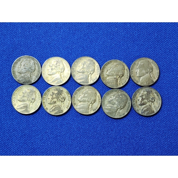 x10 Assorted Years Jefferson Wartime Nickels FV: $0.50