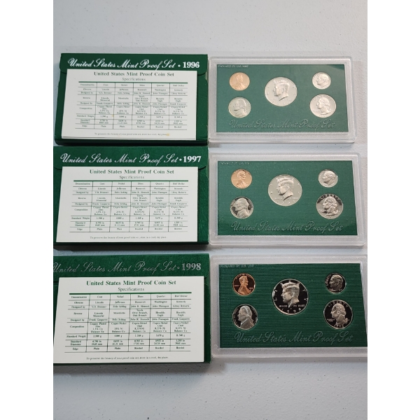 1996, 1997, and 1998 United States Mint Proof Sets In Original Packaging With CoA