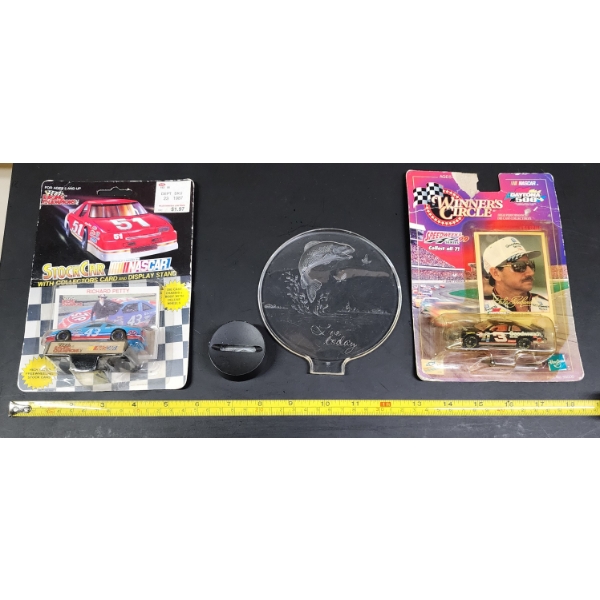 Two New in Box Nascar Collectible Cars With Nice Glass Fishing Plaque Reading Live Today