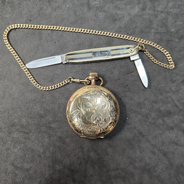 Valengine Pocket Watch with Chain and Folding Knife