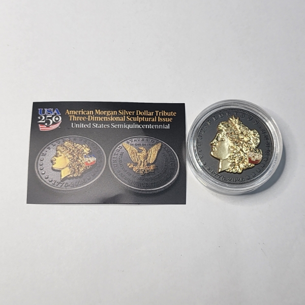 American Morgan Silver Dollar Tribute 250th Anniversary Black Ruthenium & 24K Gold Sculptural Coin 