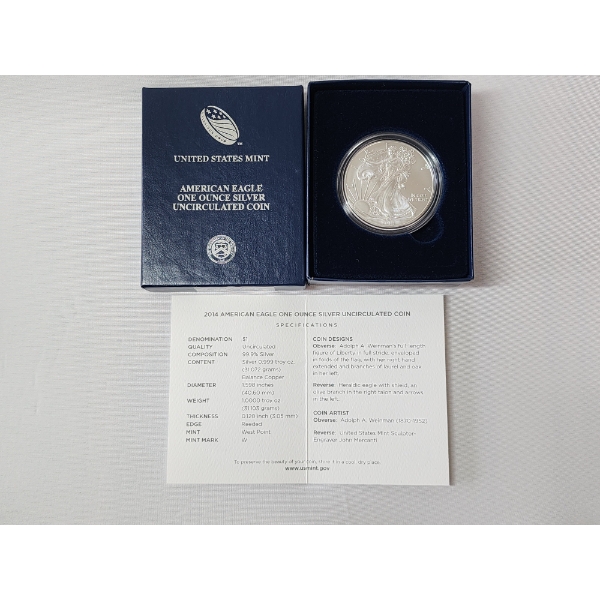 2014-W American Silver Eagle Uncirculated $1 Coin 1 oz .999 Fine Silver w/ OGP Box & COA