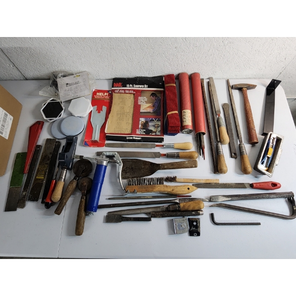 Assorted Tools & Home Items: Chisels, Files, Sandpaper, Window Handle Remover, & MORE! See photos! 
