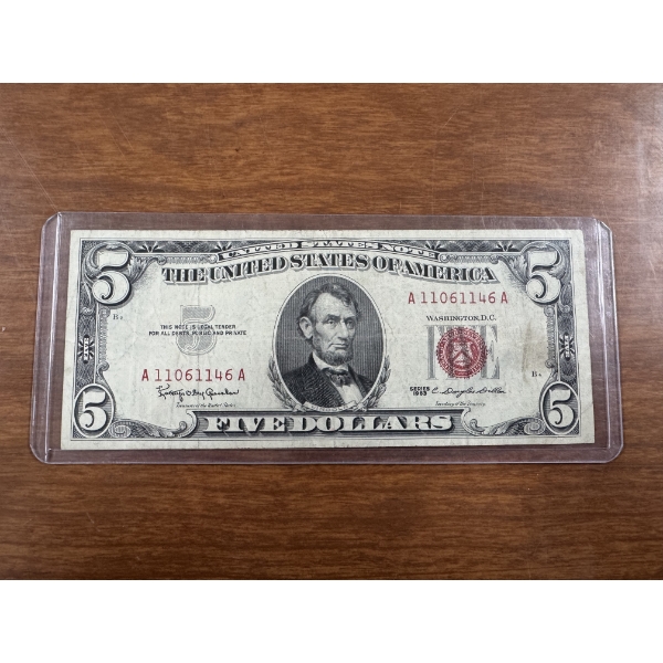 1963 United States Lincoln $5.00 Red Seal Note In Protective Holder - Great Piece