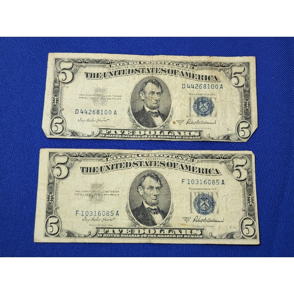 x2 United States Blue Seal $5 Silver Certificates: Series 1953 A - FV: $10.00
