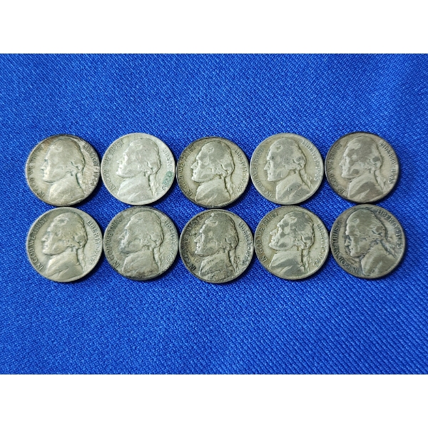 Lot of 10 Jefferson Wartime Nickels - 35% U.S. Silver - Face Value: $0.50