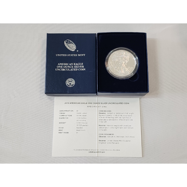 2019-W American Silver Eagle Uncirculated $1 Coin 1 oz .999 Fine Silver w/ OGP Box & COA