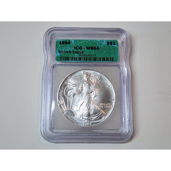 ICG Graded MS64 1994 American Silver Eagle - 1 oz .999 Fine Silver 