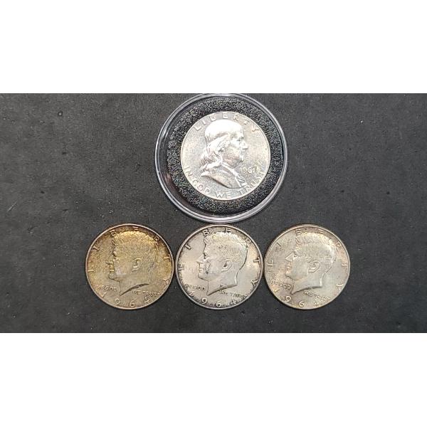 U.S 1961 90% Silver Franklin Half Dollar & (3) 1964 90% Silver Kennedy Half Dollars - Face Value: $2
