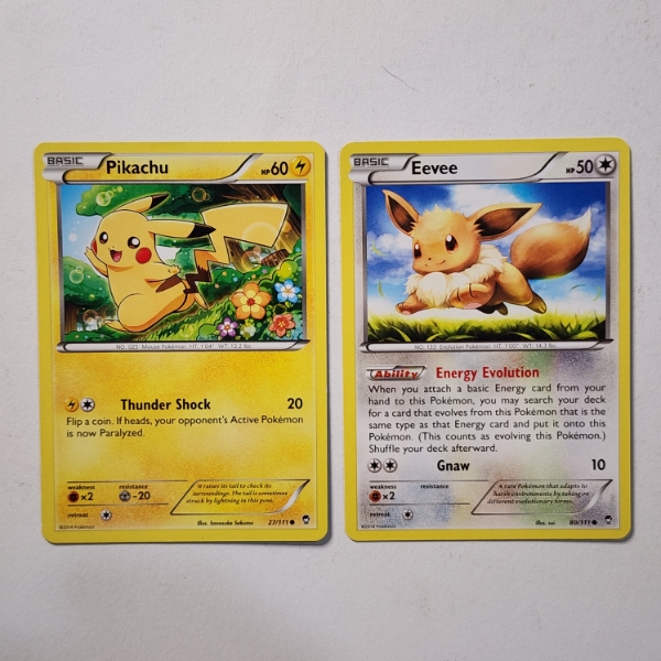 Two Vintage Pokemon Trading Cards ~ Pikachu 27/111 & Eevee 80/111